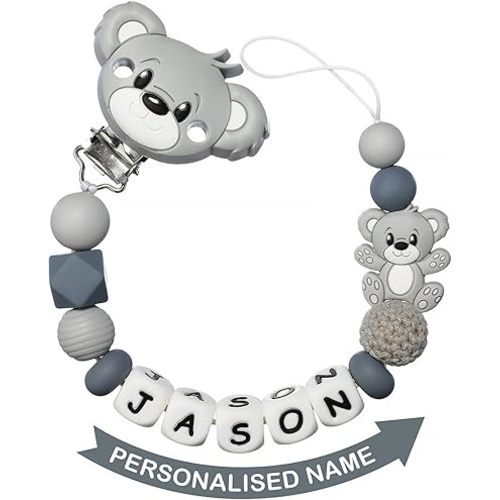 Personalized Pacifier Clip with Name for Baby, Customized Pacifier Clip Fits All Pacifiers, Baby Birthday Gift for Boys and Girls, Bear (Grey)