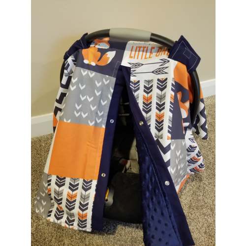 Woodland Fox Carseat Cover, Fox and Navy Minky, Baby Shower Gift, Baby Boy Car Seat