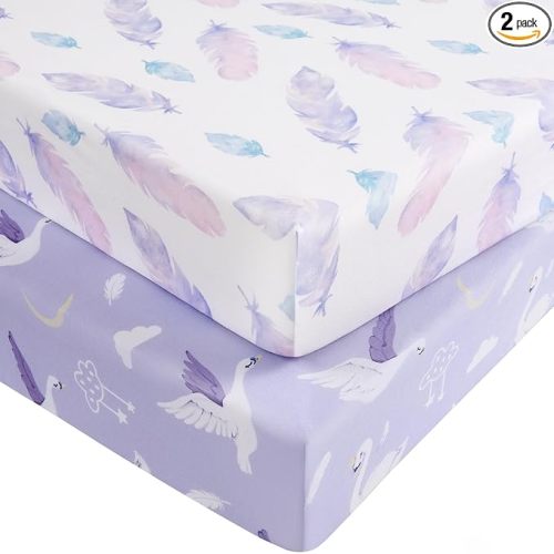 Baby Crib Sheets Girl, Fitted Crib Sheets 52" x 28", Soft Breathable Microfiber Sheets for Standard Crib and Toddler Mattress, 2-Pack Purple Swan