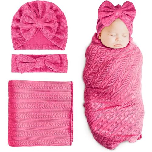 DRESHOW BQUBO Newborn Receiving Blanket Toddler Warm for Girls with Bow Hat and Bow Headband Shower Gift