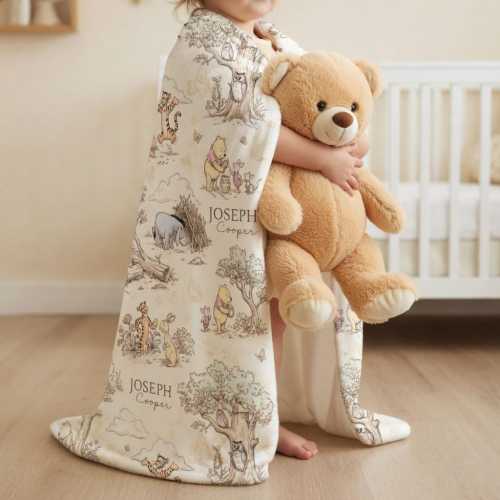 Personalized Classic Winnie the Pooh Baby Blanket, Custom Name Hundred Acre Wood Nursery Decor, Vintage Pooh and Friends Minky Blanket
