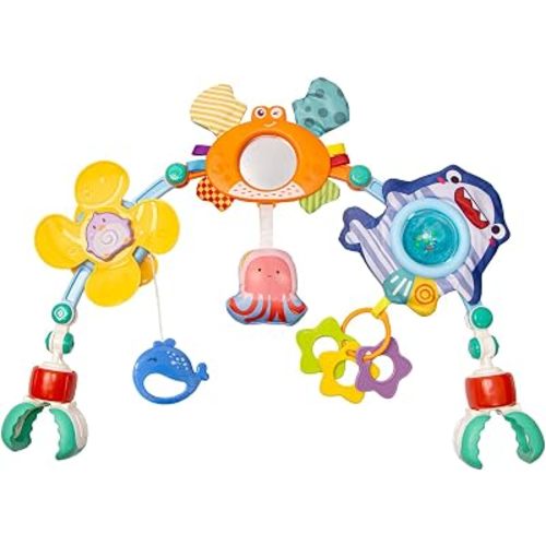 Adjustable Baby Stroller Arch Toy, Car Seat Toys for Infants 0 Months Bassinet Hanging Toy Bar Attachment with Mirror & Sound, Crib Comfort Gift for Birthday, Baby Shower