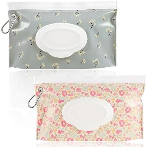 FEBSNOW 2 Pack Baby Wipes Dispenser, Portable Refillable Wipe Holder Baby Wipes Container Travel Wipes Case Reusable Wet Wipes Pouch (Floral)