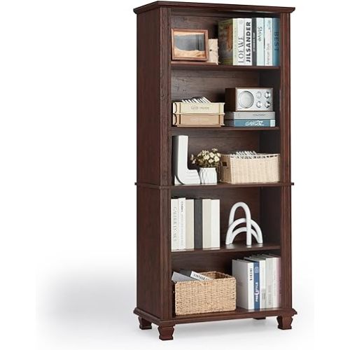 70" Tall Walnut Bookshelf,5 Tier Wooden Book Shelf with Adjustable Shelves & Wood Legs,Free Standing Farmhouse Bookcase with Open Display Storage,Vintage Bookshelves for Classroom, Office