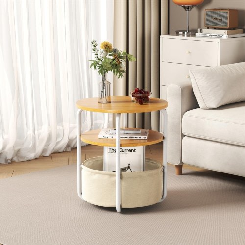 Small Round Side End Table with Fabric Storage Basket