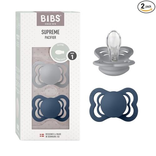 BIBS Supreme Baby Pacifier 2-Pack | Made in Denmark | BPA Free Dummy Soother, Symmetrical Nipple. Silicone, Size 1 (0-6 Months), Cloud/Steel Blue