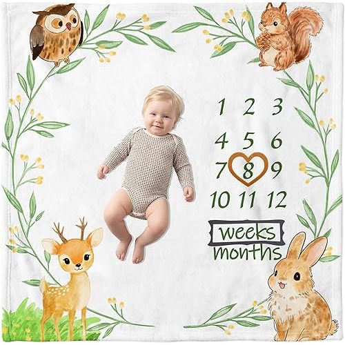 Baby Monthly Milestone Blanket, 46"x46" Premium Fleece Photo Backdrop, Weeks & Months Growth Tracker, Watercolor Woodland Animals for Baby Boy or Girl