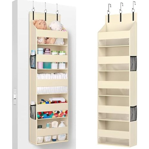 Lifewit 1 Pack Over the Door Organizer, Clear Window Hanging Storage with 4 Side Pockets, Anti Tilt 40 lbs Load Behind Door for Pantry, Nursery, Bathroom, Bedroom, Dorm, 5 Section, Beige