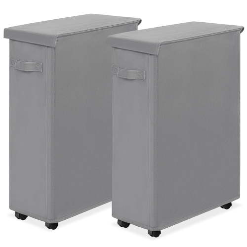UNTIMATY 2 Pcs 28'' Slim Laundry Hamper with Lid Laundry Basket with Wheels Rolling Laundry Hamper Collapsible Laundry Basket Oxford,65L/17.17 US gal, Gray