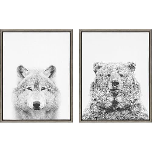 Kate and Laurel Sylvie Wolf and Bear Framed Canvas Wall Art Set by Simon Te of Tai Prints, 18x24 Gray, Animal and Nature Home Decor