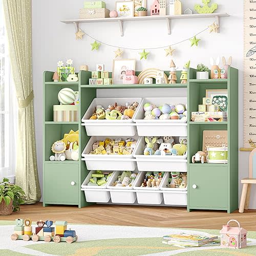 FOTOSOK Toy Storage Organizer with 8 Toy Bins, Toy Organizer Kids Bookshelf with 6 Storage Cubbies, Stuffed Animal Storage Organizer, Playroom Storage and Toy Chest, Green