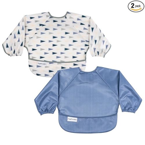 Tiny Twinkle Long Sleeve Bib for Babies&Toddlers|2-Pack Waterproof Smock Bib for Eating|Machine Washable&Mess-Proof Feeding Essentials|Newborn Shower Gift(Varsity Flags,Grid,6-24M)