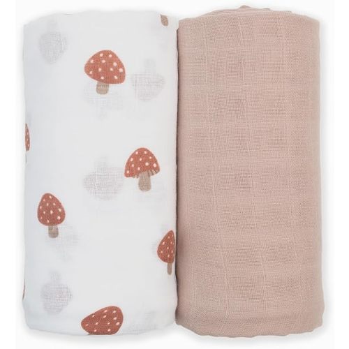 Lulujo Baby Swaddle Blankets | Unisex Softest Breathable Cotton Muslin Swaddle Blanket Set | Neutral Receiving Blanket for Girls & Boys | 40in x 40in | Mushroom & Sand | 2-Count