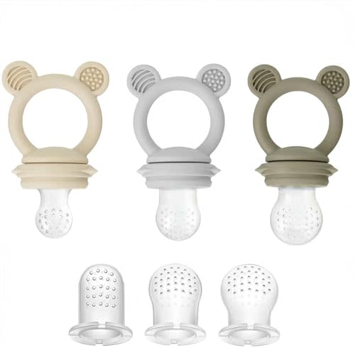 PandaEar 3 Pack Baby Fruit & Food Feeder Pacifier, Silicone Feeder Pacifier with 3 Sizes Pouches for Babies Toddlers Infants Kids, BPA-Free Food Grade Soft Safe (Tan/Grey/Brown)