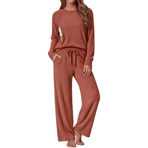 2 Piece Maternity Nursing Outfit Ribbed Lounge Set | Hidden Zipper Nursing Top, Crewneck Long Sleeve Sweater, Wide Leg Pants, Pregnancy Postpartum Breastfeeding Lounge Pjs Sets