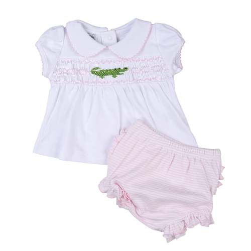 Alligator Smocked Diaper Cover Set - Pink - Size 12 mo