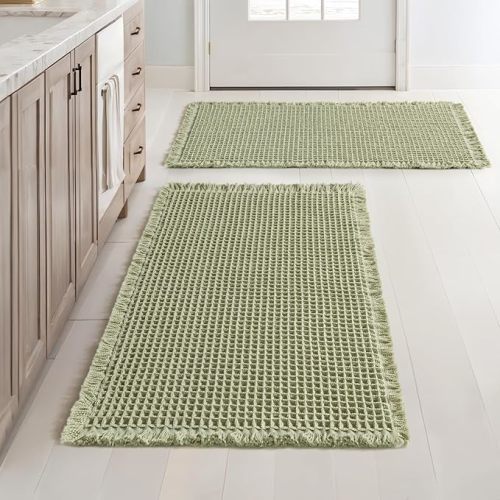 MIULEE Set of 2 Waffle Bathroom Rugs, Boho Bath Rugs Non Slip Washable, Super Absorbent Bath Mats, Ultra Soft Rubber Backed Shower Mats for Bathroom Floor, Tub and Shower, Sage Green, 18x30 Inch
