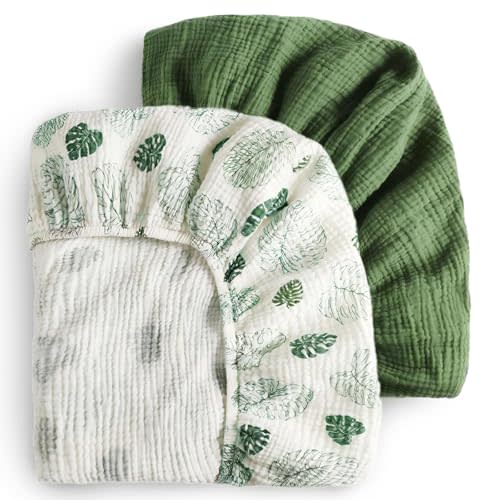 Blissful Diary Muslin Crib Sheets for Girl Boy, Boho Neutral Soft Cotton Baby Sheet for 52''x28'' Standard Crib Mattress, 2 Pack(Monstera&Dark Green)