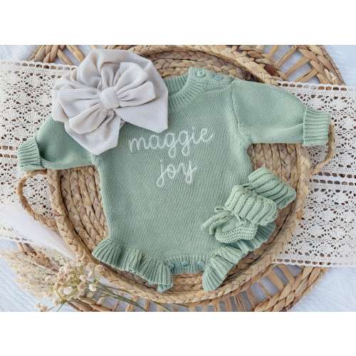 Personalized newborn sage knit ruffle sweater baby outfit, Custom cotton knitted baby bodysuit, coming home outfit