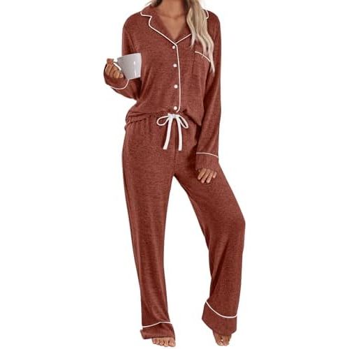 LILLUSORY Women's Long Sleeve Pajama Set - Soft Button-Down Top & Comfortable Drawstring Pants with Pockets