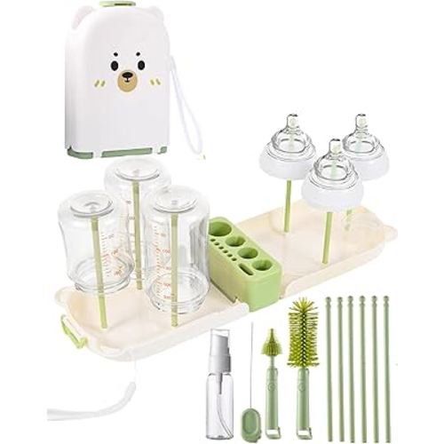 Travel Bottle Cleaner kit, 7in1 Baby Toddler Travel Essential Silicone Bottle Brush Set, Nipple, Drying Rack, Straw, & Breast Pump Cleaning, Soap Dispenser & Organizer Case, Gift for Mom