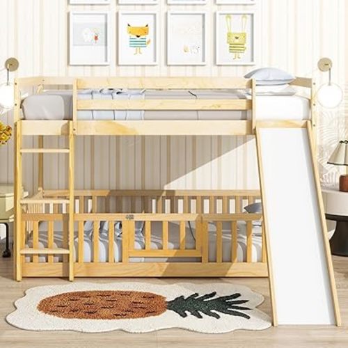 Twin Over Twin Bunk Bed with Slide, Low Floor Bunk Beds, Solid Pine Wood Bunk Bed with Ladder, Door, Safety Guardrails for Kids Teens, Natural