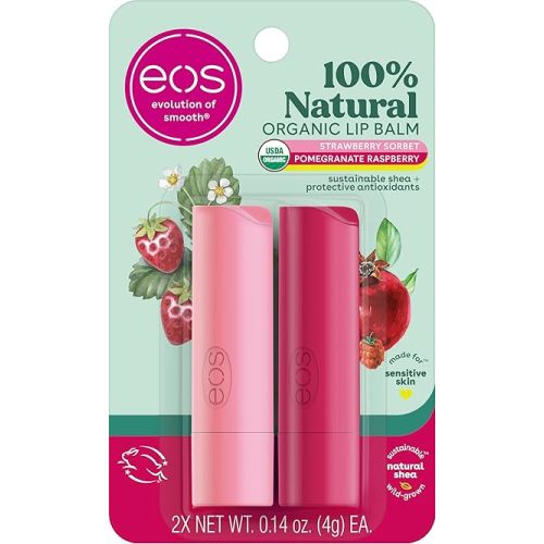 eos 100% Natural Lip Balm - Strawberry Sorbet and Pomegranate Raspberry, All-Day Moisture, Lip Care Products, 0.14 oz, 2-Pack