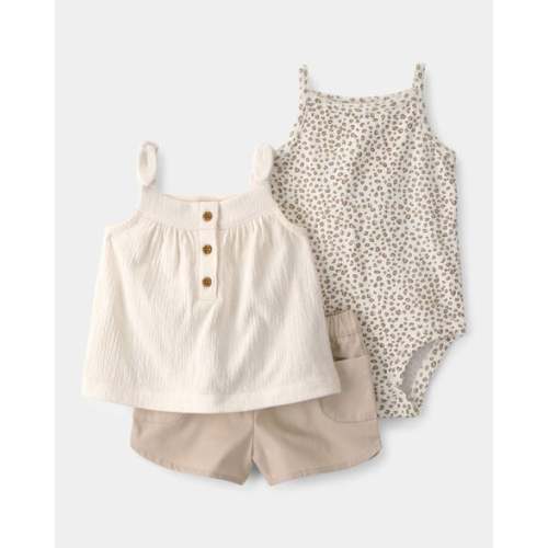 Baby Girl 3-Piece Cheetah Top, Bodysuit & Short Set - Khaki/Ivory | Carter's