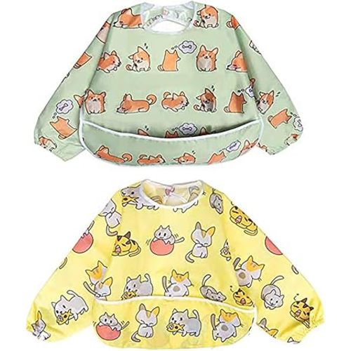 Little Dimsum Full Sleeved Feeding Bib 2 Pack,Baby & Toddler Waterproof Bib Apron,Food Protection Large Pocket Eating Smock 6-48 Months (Little Puppy/Little Cat)