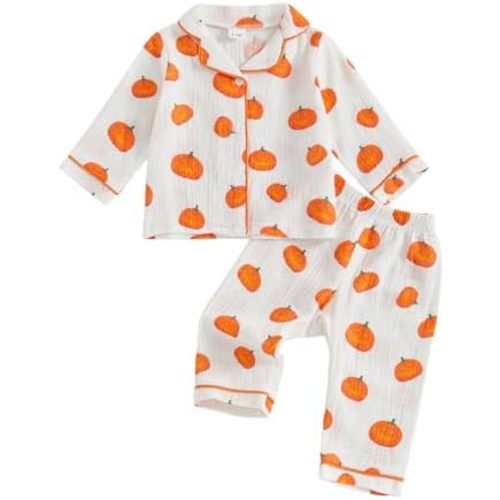 fyclemt Toddler Baby Girl Boy Halloween Pajamas Pumpkin Cotton Linen Long Sleeve Button Down Shirts Pants Kids Sleepwear Pjs
