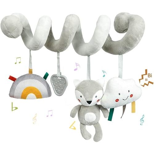 Baby Car Seat Toys, Activity Spiral Plush Hanging Wrap Around Pram Pushchair Stroller Toys, Sensory Early Education Toy for Toddler, Grey Fox