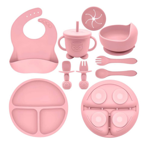 Silicone Baby Feeding Set | Baby Led Weaning Supplies Includes Suction Bowls and Divided Plates, Adjustable Bib, Baby Utensils Spoons and Forks,Cup | Baby Feeding Essentials (Pink)