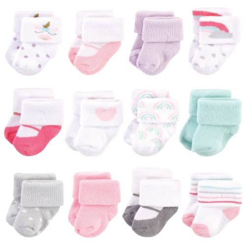 Hudson Baby Infant Girl Cotton Rich Newborn and Terry Socks, Unicorn, 0-3 Months - Pink Unicorn