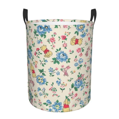 Winnie The Pooh Laundry Hamper Cartoon Circular Foldable Basket With Handle, Clothes Books Toys Storage Organizer Bucket for Bedroom Bathroom