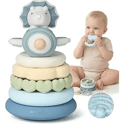 Moonkie Dinosaur Baby Stacking Toys | 7-Piece Silicone Rings for Teething Relief | Educational Toy for Infants & Toddlers 6 Months+ | Baby Shower or Birthday Gift for Boys