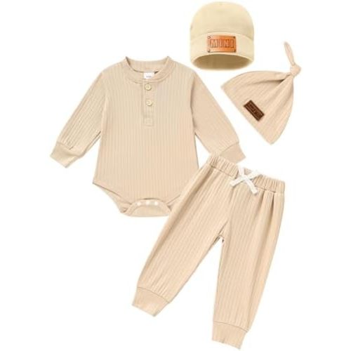 Newborn Baby Boy Girl Clothes Set Ribbed Outfits Solid Long Sleeve Tops Pants Romper Winter Fall Toddler 0-12 Months