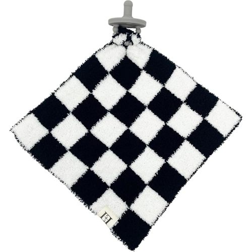 L+L USA Checkered Baby Lovey Pacifier/Teether Holder 10"x10" - DreamSoft Plush Fluffy Cuddly Soothie Reversible Mini Comfort Blanket - Cute Newborn Gift Essential Babies Boys Girls (Black/White)