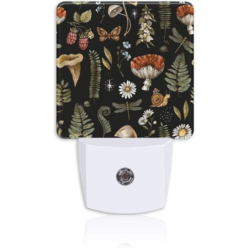 Night Light,Vintage Woodland Mushroom Plug-in Night Light Auto Dusk-to-Dawn Sensor Fern Moth Dragonfly Energy Efficient LED Lamp for Room Decor,Hallway,Kitchen,Bathroom,Nursery,Stairs