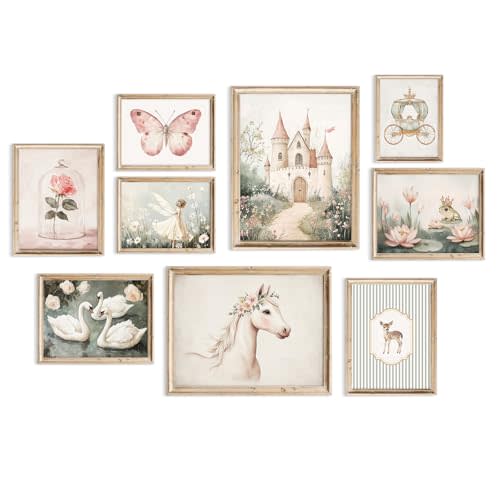 Vintage Fairy Nursery Wall Art Baby Girl Room Canvas Wall Decor Pink Fairytale Poster Pastel Floral Swan Paintings Magic Fantasy Pictures Pink Nursery Artwork for Girls Bedroom 8x10x9 Inch Unframed