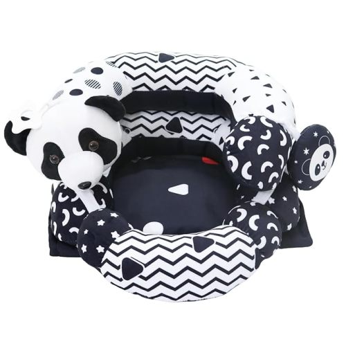 Aila+Aiden 2-in-1 Tummy Time Mat and Seated Support with Two Toys – for Newborns and Babies – Includes Detachable Cushion for Supervised Play & Head/Neck Development (Black/White)
