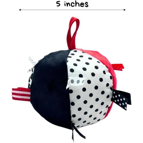 Genius Baby Toys Soft Baby Ball with Ribbon Tags, O Ball Shape with Bell, High Contrast Black White Red, Sensory Taggie Toy for Newborns, BPA-Free, No Hard Parts, Tummy Time Toy, 0–12 Months