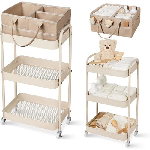 Baby Diaper Caddy, 3 Tier Rolling Cart for Baby Essentials, Taupe
