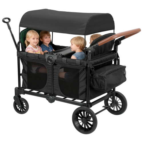 Bobiber Collapsible Wagon Stroller 4 Seater with 5-Point Harnesses, Canopy, Storage Bag, Adjustable Handlebar, 2 Cup Holders, Black