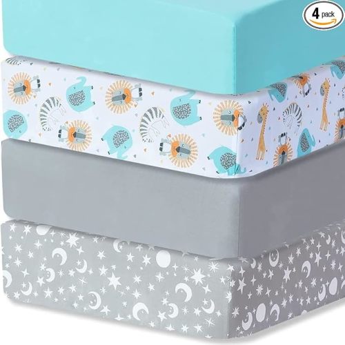 Bimocosy Crib Sheets 4 Pack, Baby Crib Sheets Fitted for Boys and Girls Breathable & Snug Fit, Soft Toddler Bed Sheets for Standard Crib Mattress Nursery Daycare Essentials, Starry Safari