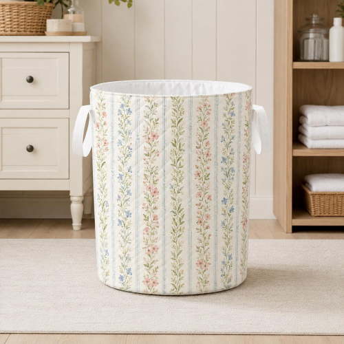 Floral Vine Laundry Basket, Cottagecore Quilted Hamper, Pastel Wildflower Storage Bin, Nursery Decor, Spring Housewarming Gift