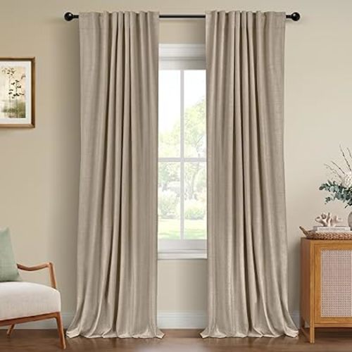 100% Blackout Shield Linen Blackout Curtains for Bedroom 84 Inches Long, Back Tab/Rod Pocket Living Room Drapes, Thermal Insulated Blackout Curtains 2 Panels Set, 50" W x 84" L,Burlywood Birch