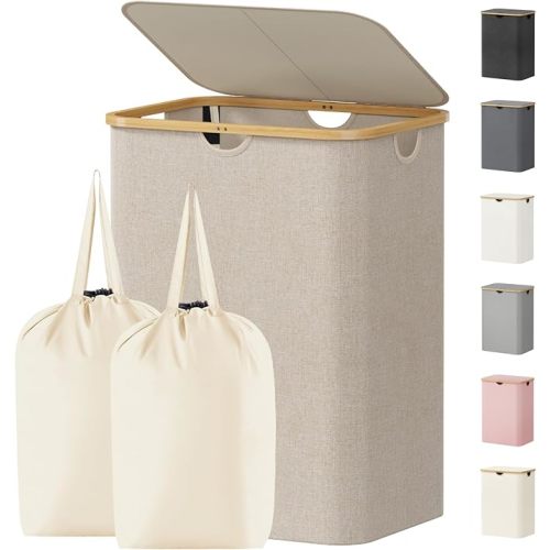 Lifewit 110L Laundry Basket with Lid, Clothes Hampers for Laundry with Bamboo Handles and 1 Removable Bag, Large Foldable Laundry Hamper for Bedroom, Bathroom, Dorm, Laundry Room, Beige