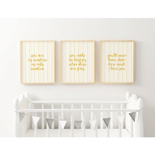 You Are My Sunshine Nursery Wall Art You Make Me Happy Quote Print Set Of 3 Playroom Wall Art Yellow Pinstripe Nursery XYAM4-A3