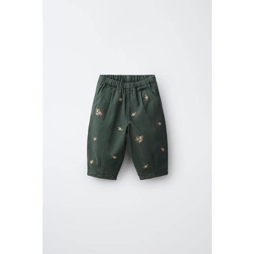 FLORAL EMBROIDERED TWILL PANTS - Mid-green | ZARA Canada
