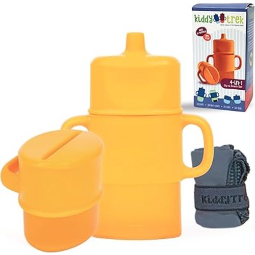 4-in-1 Flipping Holder Travel - Sip & Snack Set - Food Pouch Holder, Juice Box Holder, Snack Cup, and Sippy for Babies, Toddlers, Kids (Mango)